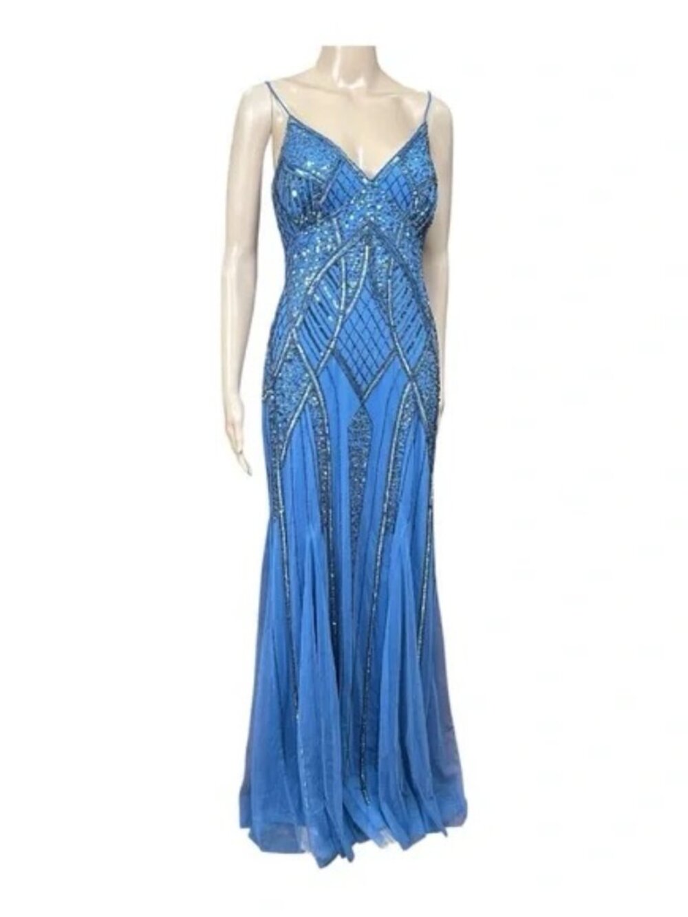 Jump Apparel Blue Beaded Dazzling Sequin Spaghetti Strap Gown Women’s Size 9/10 - Picture 7 of 13